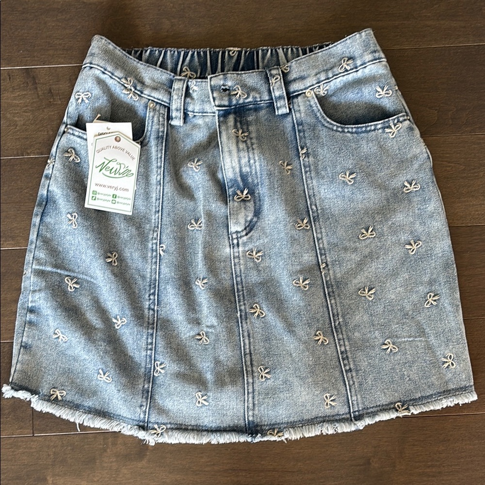 Denim Embroidered Bows Skirt
